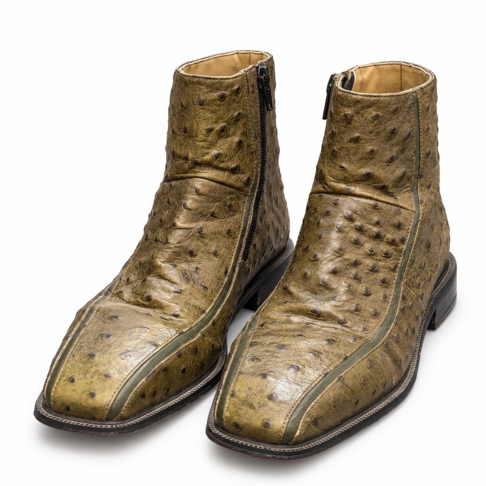 Giorgio Brutini Men's 9M Olive Green Ostrich Embossed Leather Square Toe Boots